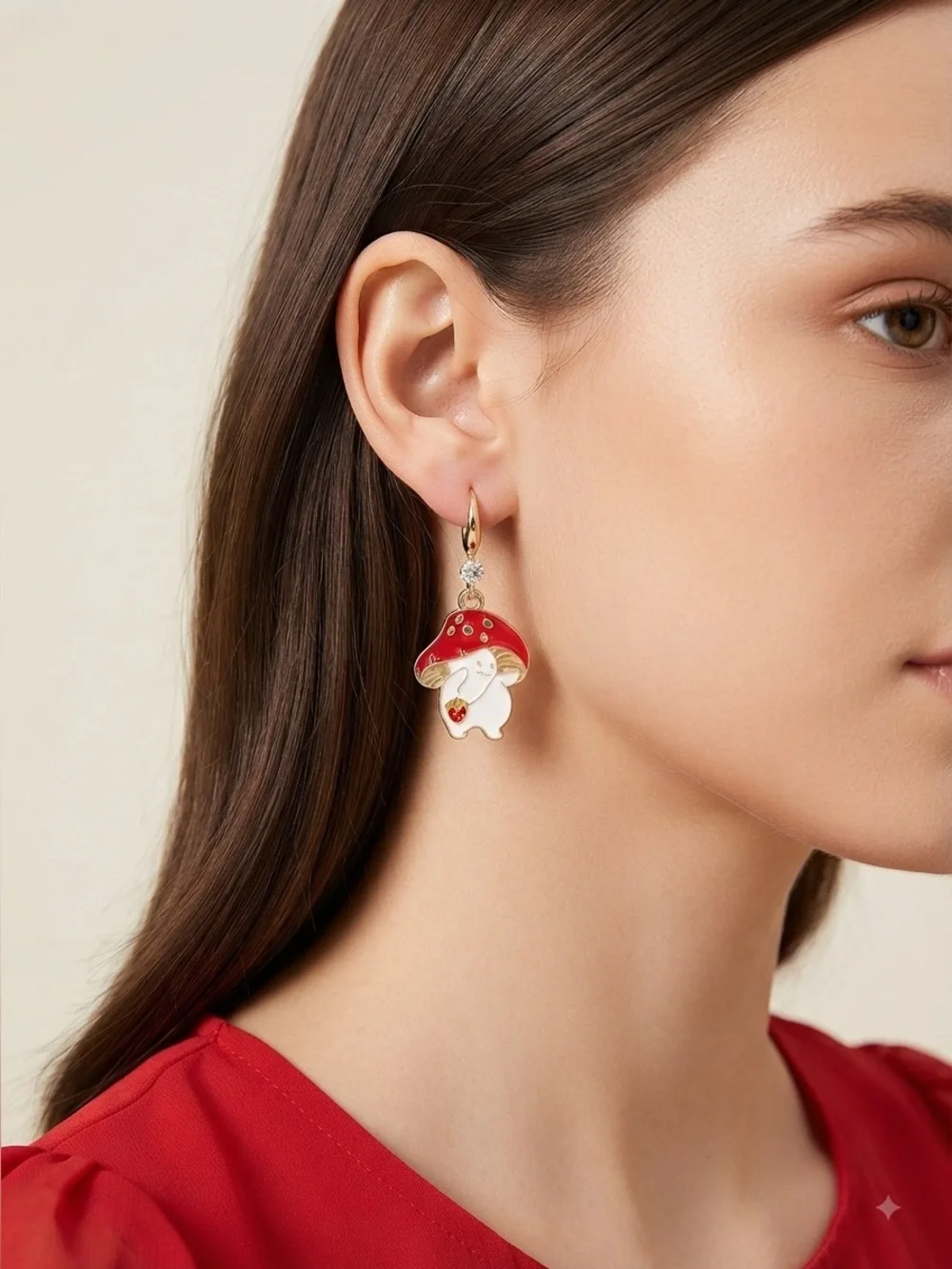Cute Mushroom Man Strawberry Dangle Earrings | Red Enamel Whimsical